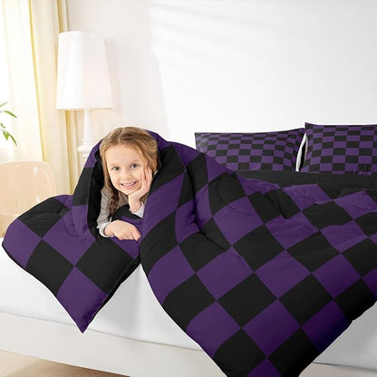 Checkered Bedding Set for Boys Girls Purple Black Plaid Comforter Set Full Size Cute Retro Neutral Checkerboard Geometric Duvet Quilt Vintage Aesthetic Bedroom Decor 3 Pcs with 2 Pillow Cases