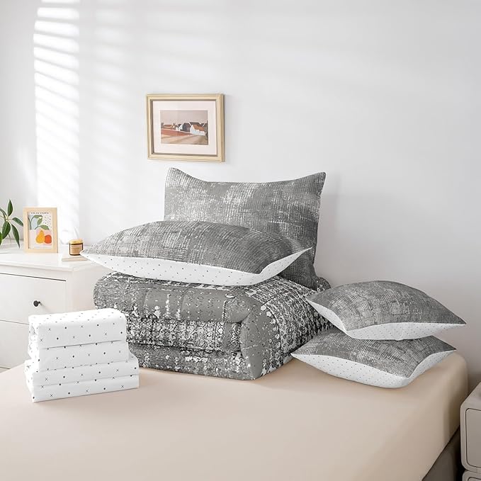 Erosebridal Gray Oil Painting Bedding Full Size 7 Pieces Modern Contemporary Art Comforter Set with Flat Sheet and Fitted Sheet, Grey Ombre Bed in a Bag Watercolor Bedding Comforter Sets