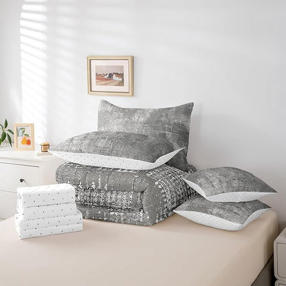 Erosebridal Gray Oil Painting Bedding Full Size 7 Pieces Modern Contemporary Art Comforter Set with Flat Sheet and Fitted Sheet, Grey Ombre Bed in a Bag Watercolor Bedding Comforter Sets