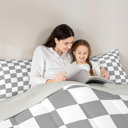 Feelyou Checkered Retro Comforter Set All Season Grey Plaid Bedding Set with 1 Pillow Cases Geometric Vintage Kids Twin Bedclothes Modern Simple Groovy Aesthetic Bedroom Decor Duvet Quilt