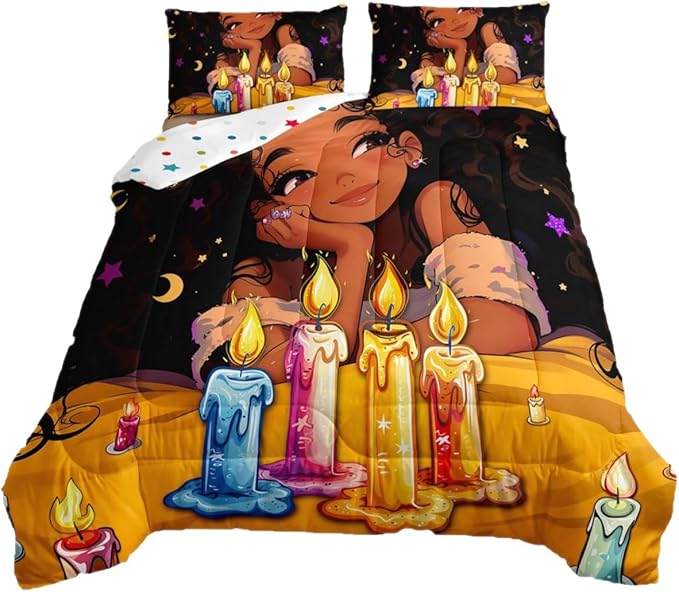 Afro Girls Bedding Comforter Sets American African Princess Magical Comforter Set Black Hair Girl Quilt Full,Kawaii Room Decor for Kids Teens Toddler Girls,Happy Birthday Decorations