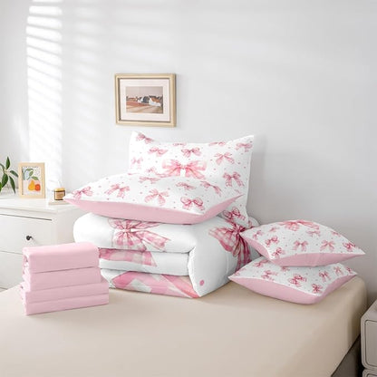 Erosebridal Plaid Kawaii Starry Bowknot Full Comforter Set 7 Pieces | Checkered Geometric Bed in A Bag for Bedroom Pink White Ribbon Bedding Set with Comforters Kids Women Room Decor