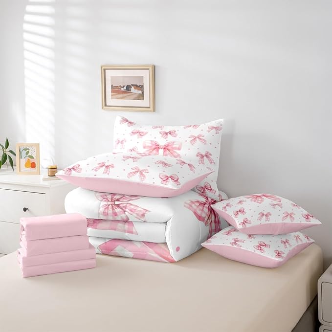 Erosebridal Plaid Kawaii Starry Bowknot King 7-Piece Comforter Set | Checkered Cute Geometric Sheets and Pillowcases Pink White Princess Ribbon Bed in A Bag Kids Women Teens Bed Sets