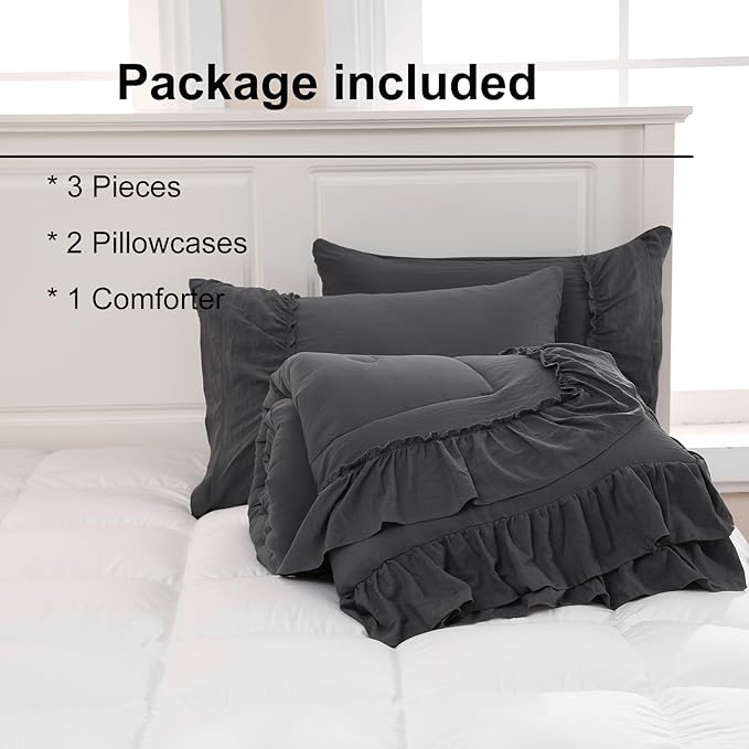 Dark Grey Comforter Set Queen Boho Bedding Set Shabby Chic 2 Layers Ruffled Bedroom Home Decor Ultra Soft Microfiber Farmhouse Down Comforter Bohemian Quilt Set