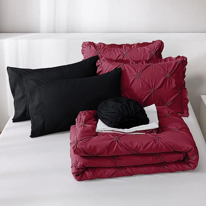 JOLLYVOGUE Burgundy Full Size Comforter Sets 7 Pieces, Pintuck Bed in a Bag Comforter Set for Bedroom, Bedding Comforter Sets with Comforter, Sheets,Ruffled Shams & Pillowcases