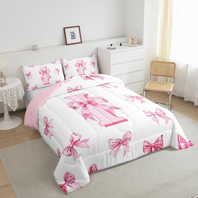 Erosebridal Initial Letter I Comforter Set for Kids,Dreamy Princess Bow Girls Toddler Bedding Set Cute Kawaii Bowknot Bedding Comforter Sets Girly Lovely Letter Bow Bed Set with 1 Pillow Case