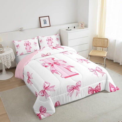 Erosebridal Initial Letter I Comforter Set for Kids,Dreamy Princess Bow Girls Queen Bedding Set Cute Kawaii Bowknot Bedding Comforter Sets Girly Lovely Letter Bow Bed Set with 2 Pillow Cases
