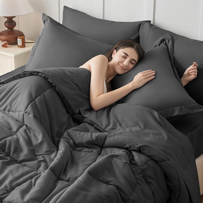 JOLLYVOGUE Oversized King Comforter Set, Ultra-Soft Bed in a Bag Oversized King Size 7 Pieces, Oeko-TEX Certified Bedding Set with Down Alternative Comforter, Sheets, Pillowcases & Shams, Dark Grey