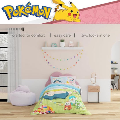 Pokemon Bedding Super Soft Comforter and Sheet Set with Sham, 4 Piece Twin Size, Featuring Snorlax, Pikachu, Eevee & Jigglypuff (Officially Licensed Product) by Franco