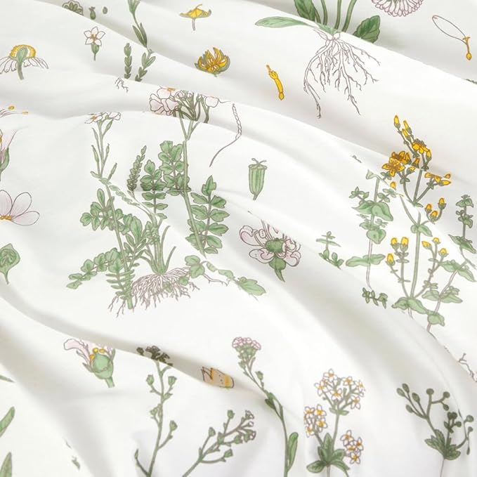 Wake In Cloud - Botanical Comforter Set, 100% Cotton Fabric, Floral Flower Cottagecore Neutral Shabby Chic Coquette Aesthetic, 3 Pieces Bedding Set, Yellow Green, Queen Size