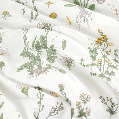 Wake In Cloud - Botanical Comforter Set, 100% Cotton Fabric, Floral Flower Cottagecore Neutral Shabby Chic Coquette Aesthetic, 3 Pieces Bedding Set, Yellow Green, Queen Size