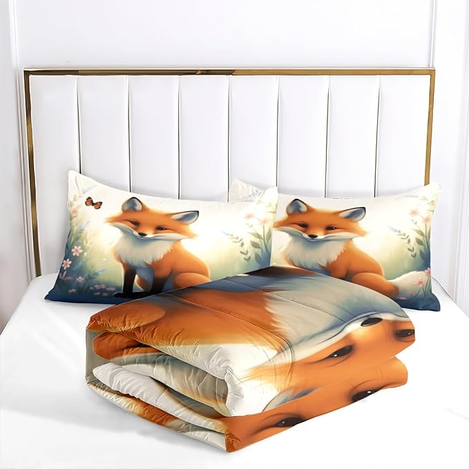 Fox Comforter Set Queen Size, Cute Animal Print Microfiber Bedding Set, Cozy Fairy Tale Bedroom Decor for Adult/Women