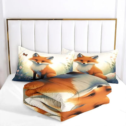 Fox Comforter Set Queen Size, Cute Animal Print Microfiber Bedding Set, Cozy Fairy Tale Bedroom Decor for Adult/Women