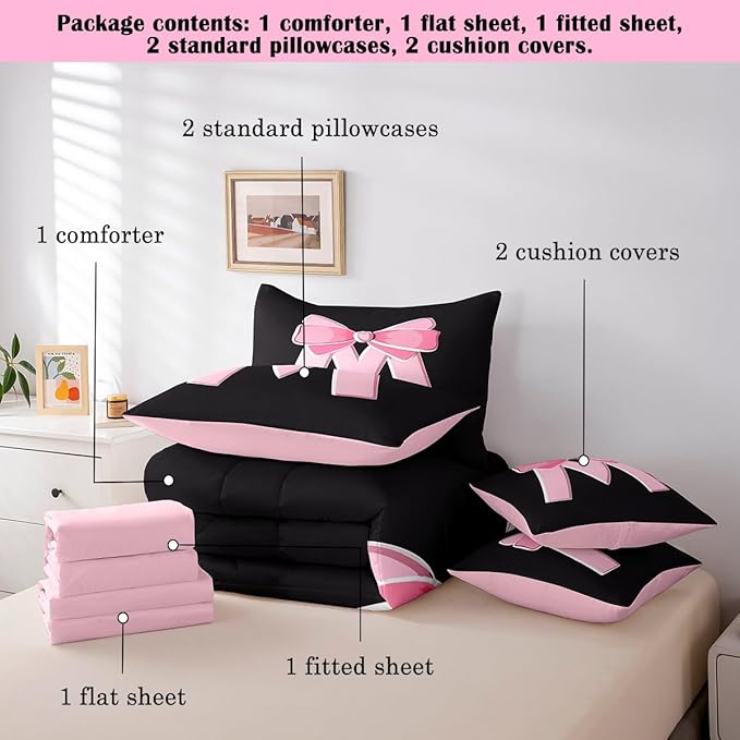 jejeloiu Kawaii Pink Bow Queen Comforter Set with Sheets,Gifts for Women Teen Girl,Personalized Initial Letter M 7 Piece Bedding Set,Soft Monogrammed Bed in a Bag with Comforter,Sheets,Pillowcases