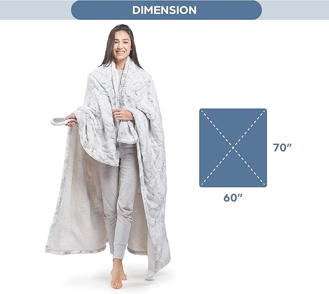 Codi Soft Faux Fur Electric Blanket, Heated Throw with Fuzzy Sherpa Back | White/Slate Marble, 60x70 | Lightweight Warming Throws for Couch | 3 Heat Setting with Auto Shut Off, 6ft Power Cord Washable