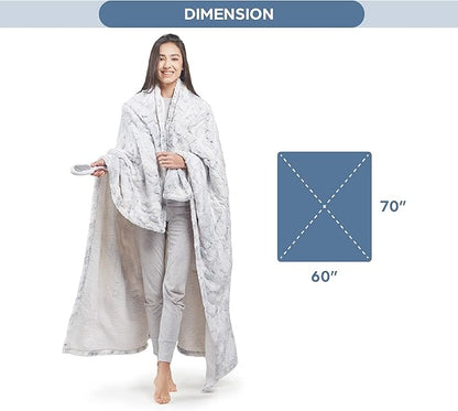 Codi Soft Faux Fur Electric Blanket, Heated Throw with Fuzzy Sherpa Back | White/Slate Marble, 60x70 | Lightweight Warming Throws for Couch | 3 Heat Setting with Auto Shut Off, 6ft Power Cord Washable
