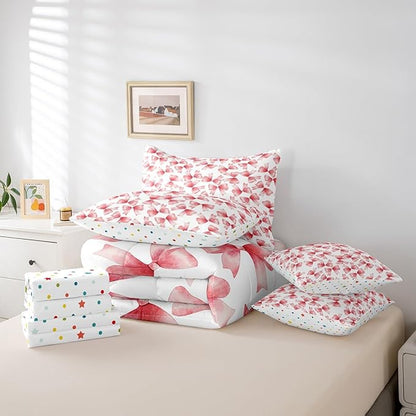 Feelyou Red Bow Comforter Set with Sheets Twin Size Kids Bowknot 7 Pieces Bedding Set for Boys Girls Teens Gift for Girls Women Bed in a Bag Breathable Princess Décor Bed Set