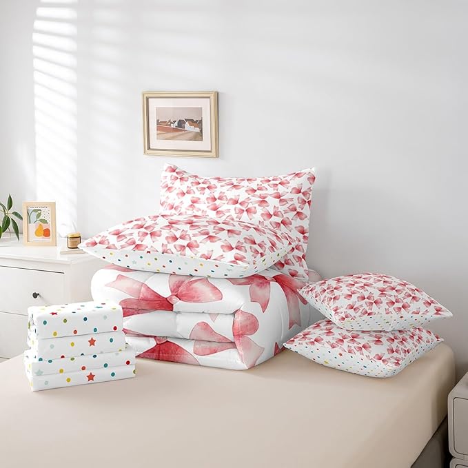 Feelyou Red Bow Comforter Set with Sheets Queen Size Kids Bowknot 7 Pieces Bedding Set for Boys Girls Teens Gift for Girls Women Bed in a Bag Breathable Princess Décor Bed Set