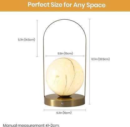 Portable Rechargeable Table Lamp with Marble Pattern Glass Shade – Gold Plated Metal Frame, Cordless LED Desk Light for Bedroom, Nursery, Camping