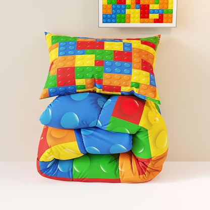 Building Blocks Comforter Set, Colorful Theme 3D Pattern for Kids Teens Adults,Decorative Bedding Comforter Sets with 2 Pillow Shams, Full Size