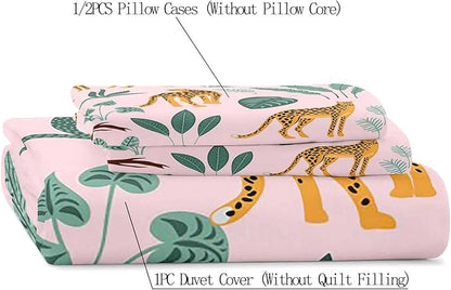 LUVIVIHOME 3PCS Leopard Duvet Cover Queen Bedding Sets, Boho Aesthetic Palm Leaf Monstera Plant Cactus Botanical Tropical Jungle Safari Animals Cheetah Print Light Pink Comforter Cover, 2 Pillow Cases