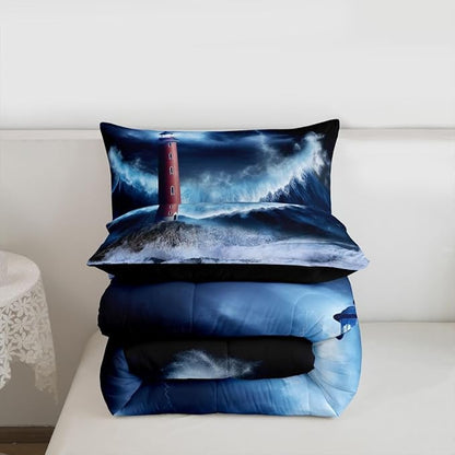 Erosebridal Lighthouse Comforter Set Twin Nautical Duvet Set Surfing Ocean Wave Quilt Set Coastal Nature Theme Quilted Duvet for Kids Boys Girls Teens Bedroom Living Room Decorative, Blue