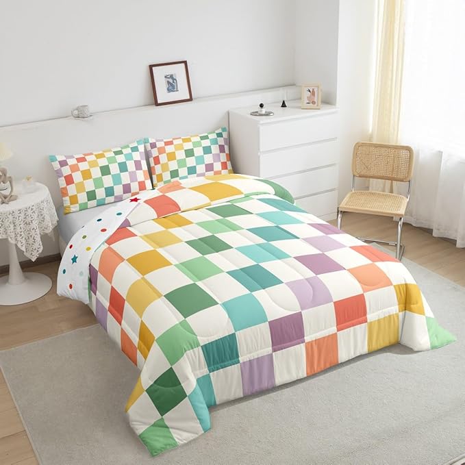 Feelyou Multicolored Checkered Retro Bedding Set Kids Boys Girls Geometric Vintage Comforter Set Queen Size Green Yellow Colorful Duvet Insert Modern Simple Groovy Aesthetic Room Decor