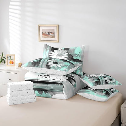 Feelyou Girls Daisy Flower Comforter Set with Sheets Full Size 7 Pieces Kids Butterfly Floral Bedding Set for Boys Women Teens Teal Black Simple Modern Abstract Art Bed in a Bag Room Decor