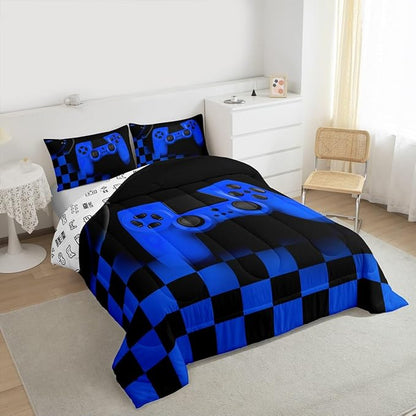 Erosebridal Gamer Bedding Set for Boys&Girls,Blue Buffalo Plaid Check Gaming Comforter Set King Size Gamer Room Decor Gift,Gamepad Alternative Duvet Insert,Gamer Quilt Set with 2 Pillowcases Soft