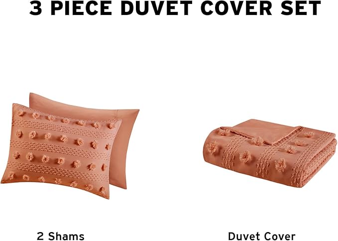 Intelligent Design Queen Duvet Cover Set, Clipped Jacquard Duvet Set Chic Pompoms Accent, All Seasons Lightweight Microfiber Bed Cover for Comforter with 2 Shams, Lucy, Full/Queen Rust 3 Piece
