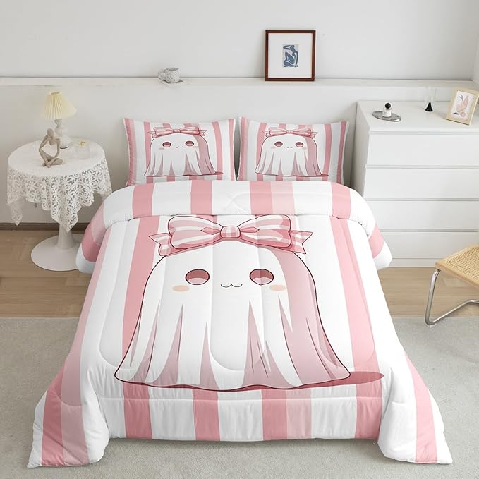 Erosebridal Girls Halloween Decorations King Bedding Set, Pink Ghost Pink Bow Comforter Set for Kids Teens Youth Adults Cute Room Decor, Bows Comforter Abstract Stripes Holloween Quilt, 2 Pillowcases