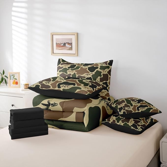 Erosebridal Dino Camouflage 7 Piece Bedding Set Twin Dark Green Camo Comforter Set with Sheets Dinosaur Skeleton Bed in a Bag Vintage Skeleton Rustic Bed Sets Comforter