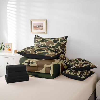 Erosebridal Dino Camouflage 7 Piece Bedding Set Twin Dark Green Camo Comforter Set with Sheets Dinosaur Skeleton Bed in a Bag Vintage Skeleton Rustic Bed Sets Comforter
