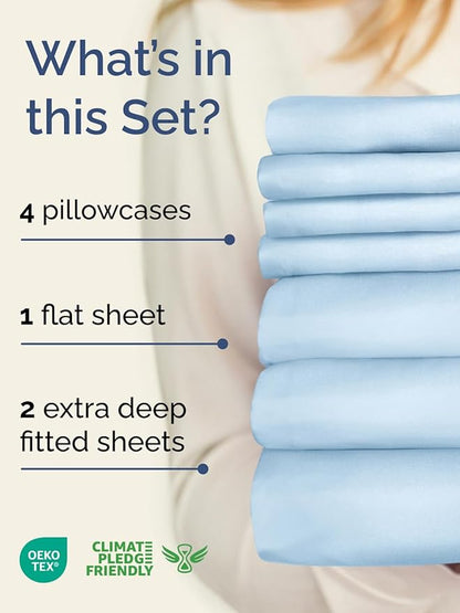 Extra Deep Split King Sheet Set - 7 Piece Breathable and Cooling Sheets - Hotel Luxury Bedding for Women, Men, Kids & Teens - Easy Secure Fit - Soft & Wrinkle Free - Extra Deep Pockets - Light Blue