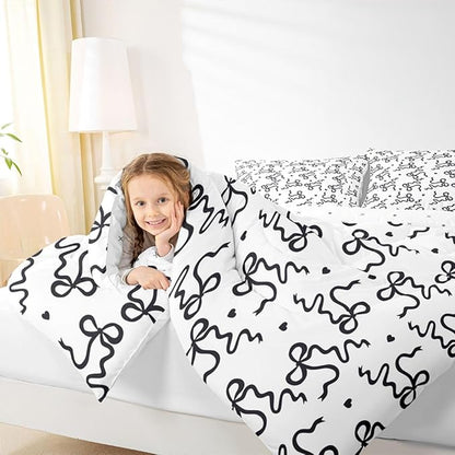 Castle Fairy Bow Love Heart Print Comforter Set Full Size,Black Bowknot Bedding Sets 3Pcs for Kids Girls Women Room Decor,Butterfly Tie Knot Duvet Insert Princess Girly Down Comforter,2 Pillowcases
