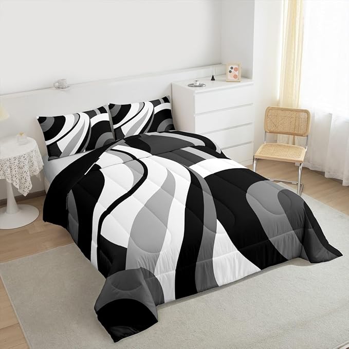 Gray Black White Spiral Queen Comforter Set for Adult Women Men Modern Swirls Stripes Abstract Bedding Set for Minimalists Boho Aesthetic Geometric Bed Sets Graffiti Art Lines Quilt Sets