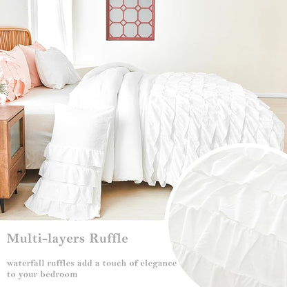 PERFEMET White Twin Comforter Set, 3 Pieces Ruffled Comforter Sets Boho Vintage Farmhouse Shabby Chic Bedding, All Season Soft Lightweight Bed Set for Bedroom (White,Twin)