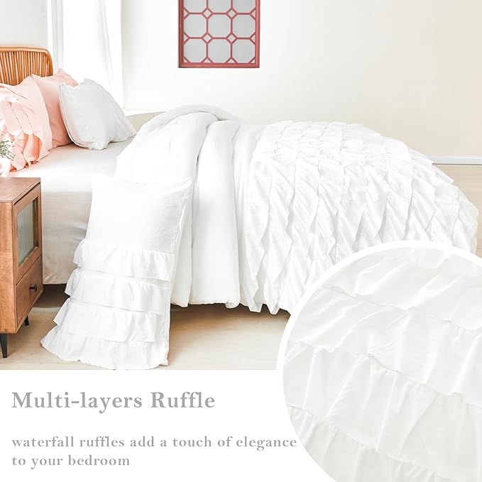 PERFEMET White Ruffle Comforter Set Full Size Multi Layers Ruffled Farmhouse Bedding Set Washed Microfiber Kids Bed Sets for Girls Boho Chic Preppy Bedding Set, 3 Pieces (White,Full)