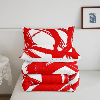 Erosebridal Red and White Abstarct Toddler Bedding Set,Aesthetic Geometric Comforter Set for Minimalists,Graffiti Stripes Lines Quilt,Contemporary Boho Modern Art Duvet Insert for Minimalism