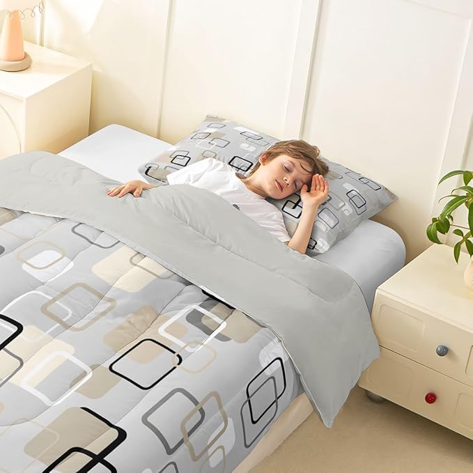 Erosebridal Minimalist Geometric Square Bedding Set Twin Mid-Century Plaid Comforter Set for Kids Girls Boys Neutral Gray Beige Abstract Down Comforter Modern Checkered Quilt Duvet