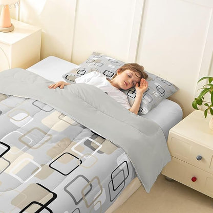 Erosebridal Minimalist Geometric Square Toddler Bedding Set Mid-Century Plaid Comforter Set for Kids Girls Boys Neutral Gray Beige Abstract Down Comforter Modern Checkered Quilt Duvet