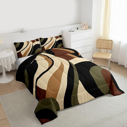 Green Brown Spiral Queen Comforter Set for Adult Women Men Modern Swirls Stripes Abstract Bedding Set for Minimalists Boho Aesthetic Geometric Bed Sets Graffiti Art Lines Quilt Duvet Insert