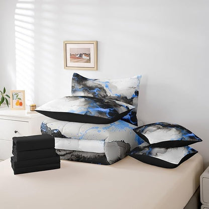 Black and Navy Blue Marbling Queen Comforter Set 7-Piece Aesthetic Marble Bedding Comforter Sets, Watercolor Artwork Bed in a Bag Abstract Marbling Bedding Set, Mountain Fluid Bed Sheets Set