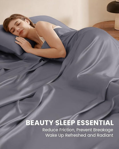 THXSILK Silk Sheet Set 3 Pcs, Twin XL Size Sheet Set, Soft Breathable Cooling Bed Sheets with 1 Flat Sheet, 1 Fitted Sheet, 1 Pillowcase with Zipper Closure, Blue Grey