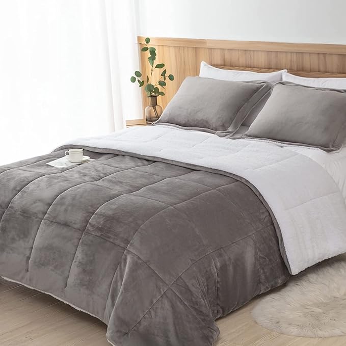 Seward Park Grey Sherpa Comforter Set Twin XL Size, All Season Soft Warm Fleece Fall Blanket, Winter College Dorm Bedding Sets with 1 Pillow Sham
