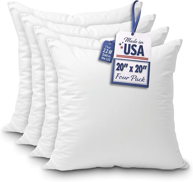 Foamily Throw Pillow Insert 20 x 20 inch (Set of 4) Hypoallergenic 100% Virgin Fiber Made in USA Bed, Sofa, Couch Decorative Indoor Pillows