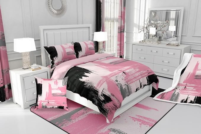 Erosebridal Abstract Pink Comforter Set Twin Size Girly Black and Pink Comforter Set for Teens Girls Kids Geometric Modern Bedding Sets Minimalists Modern Striped Art Bed Sets for Women Men