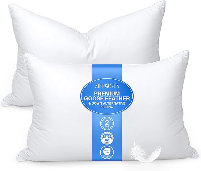 Ultra Soft Feather Pillows Queen Size Set of 2 - Goose Down Hotel Bed Pillow for Sleeping, (Down Fiber) Fluffy Support Surround Fill Polyester for Side, Back and Stomach Sleepers (Soft)