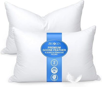 Ultra Soft Feather Pillows Queen Size Set of 2 - Goose Down Hotel Bed Pillow for Sleeping, (Down Fiber) Fluffy Support Surround Fill Polyester for Side, Back and Stomach Sleepers (Soft)
