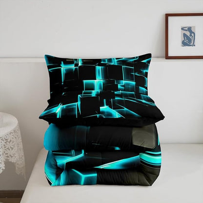 Erosebridal Modern Kids Comforter Set, 3D Plaid Square Print Twin Size Bed Set for Teen Boys, Black and Teal Soft Microfiber Bedding Sets for All Seasons, 2 Piece